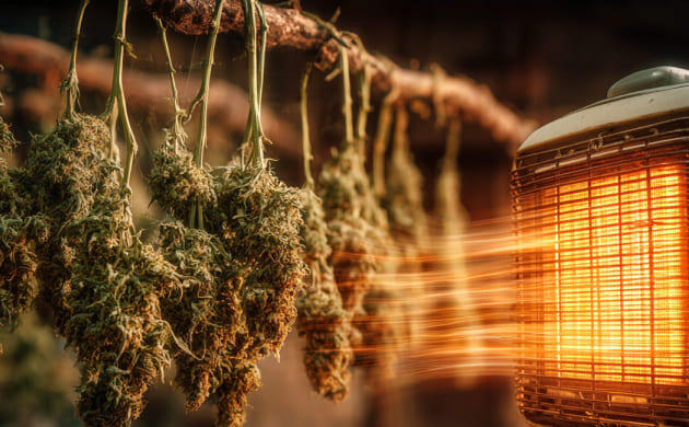 Подвешенные шишки каннабиса во время сушки