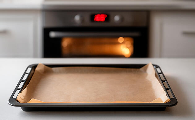 Разогретая духовка с противнем и пергаментом