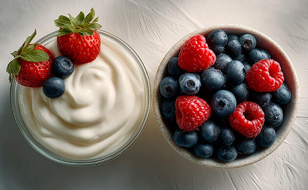 Греческий йогурт и свежие ягоды для парфе